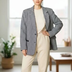 Joan Leslie Women Black And White Houndstooth Blazer Jacket Size 14